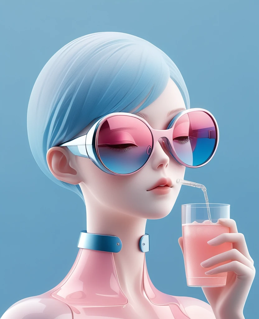3D illustration of the upper body and face of an AI model wearing futuristic glasses, Stylish glasses with a drink attached,gradient background, pastel color palette, Pink blue, Simple, Cold metallic texture, surrealism,