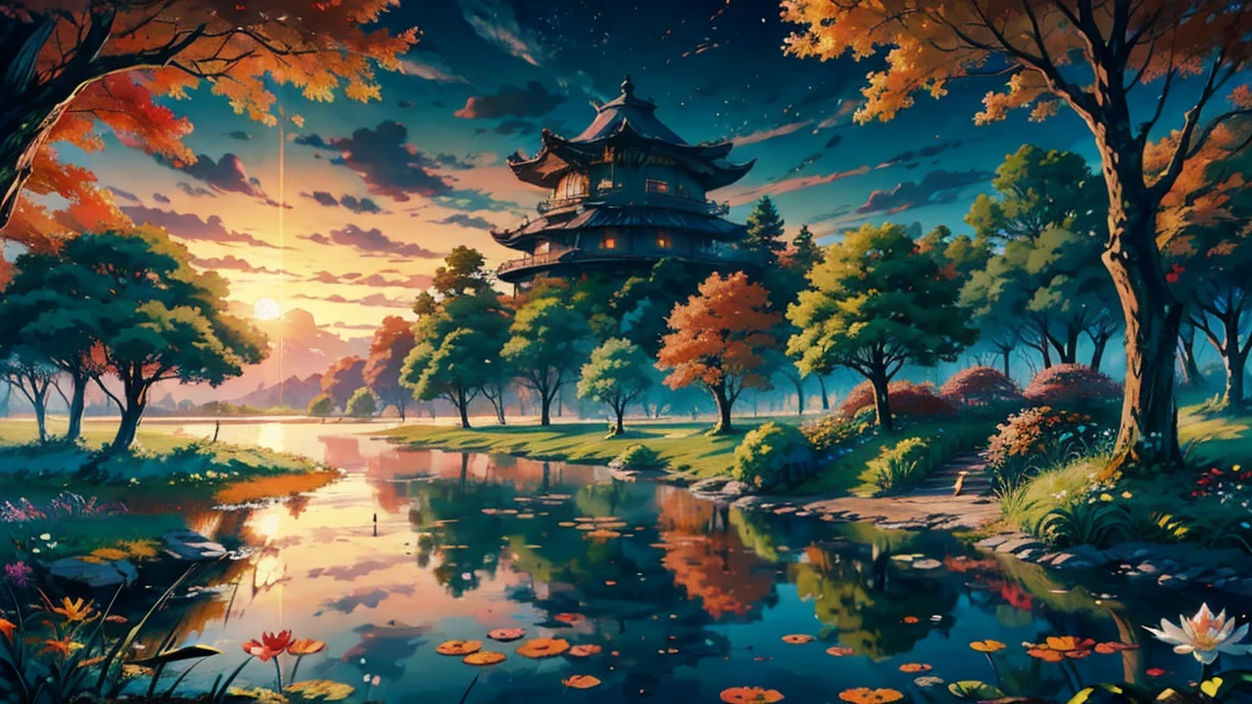 Viral anime nature wallpaper in 4K quality, in the style of Ghibli, showcasing in the middle of the composition: a circular rock platform emerging from a calm, reflective lake, with a towering, ancient oak tree in full autumn colors of orange, red, and gold; the water around it is dotted with lily pads and small, colorful flowers; the sky is filled with a mix of deep blues and purples, with the sun setting in the distance, casting a soft, magical glow over the scene; the atmosphere is tranquil and nostalgic