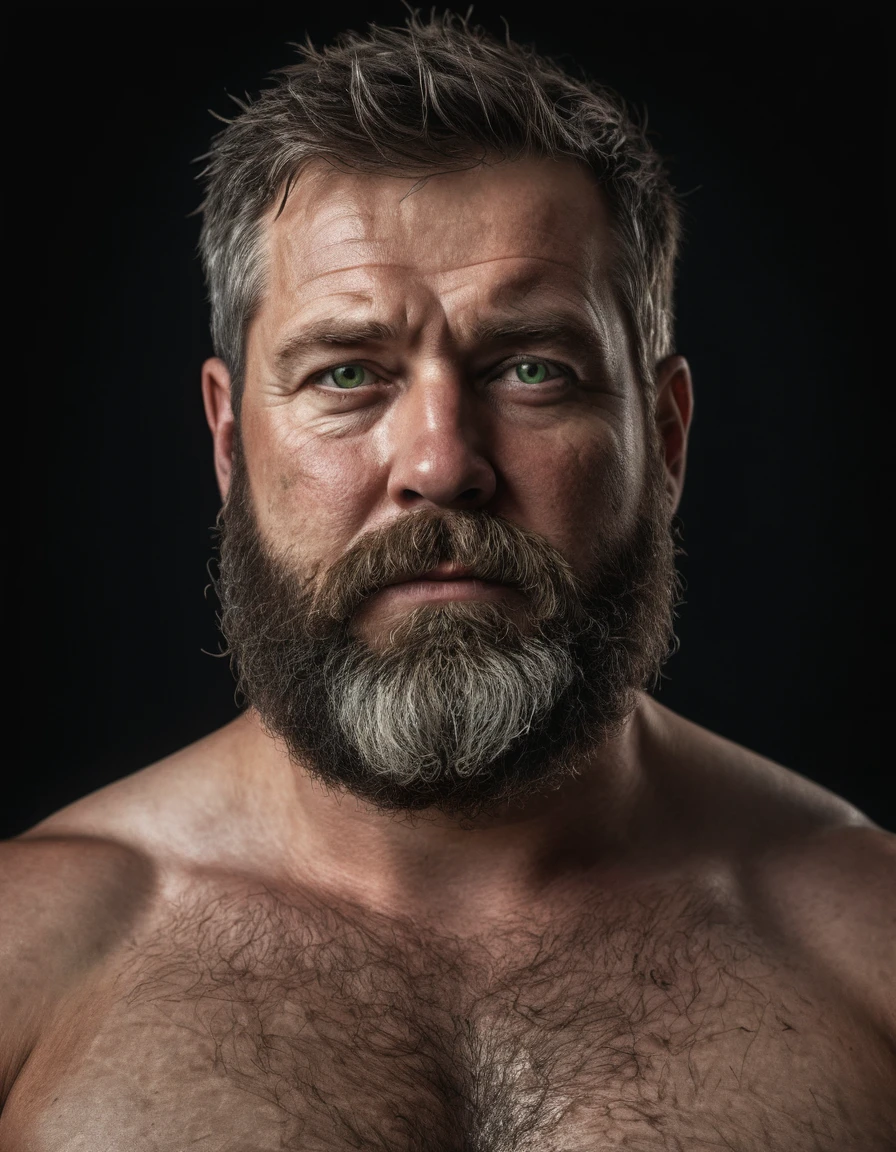 "Capture an 8K, hyperrealistic portrait of a man around 50 years old. He has very short military-style fade haircut, with a rugged beard that gives off a lumberjack vibe. His piercing green eyes gaze directly at the viewer. The scene shows the man from the chest up, revealing his heavily hairy chest and the top of his stomach, showcasing a chubby physique. He is shirtless against a deep black background, with a clear, bright studio lighting effect illuminating evenly across his face and body. The image should focus on the intricate details of his facial features, beard texture, and chest hair, rendered in the hiperrealista style. Drawing inspiration from Greg Rutkowski's photography, maintain a high level of realism while highlighting the man's rugged and natural appearance."