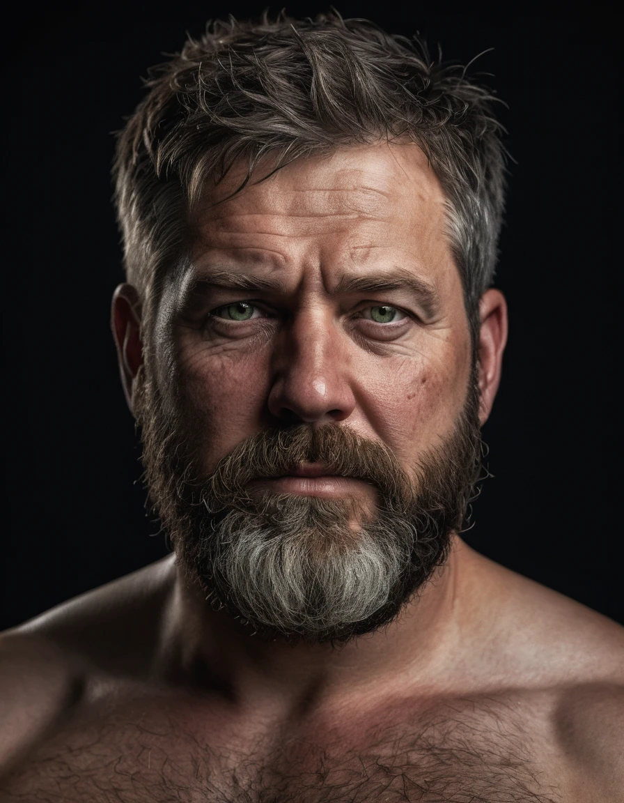 "Capture an 8K, hyperrealistic portrait of a man around 50 years old. He has very short military-style fade haircut, with a rugged beard that gives off a lumberjack vibe. His piercing green eyes gaze directly at the viewer. The scene shows the man from the chest up, revealing his heavily hairy chest and the top of his stomach, showcasing a chubby physique. He is shirtless against a deep black background, with a clear, bright studio lighting effect illuminating evenly across his face and body. The image should focus on the intricate details of his facial features, beard texture, and chest hair, rendered in the hiperrealista style. Drawing inspiration from Greg Rutkowski's photography, maintain a high level of realism while highlighting the man's rugged and natural appearance."