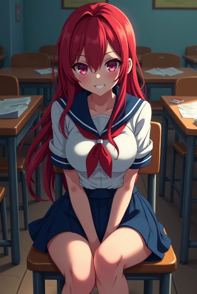 Red haired, anime, 19 years old, school uniform, medium chest, evil smile,
sitting, frowing, one leg crossed over the other.