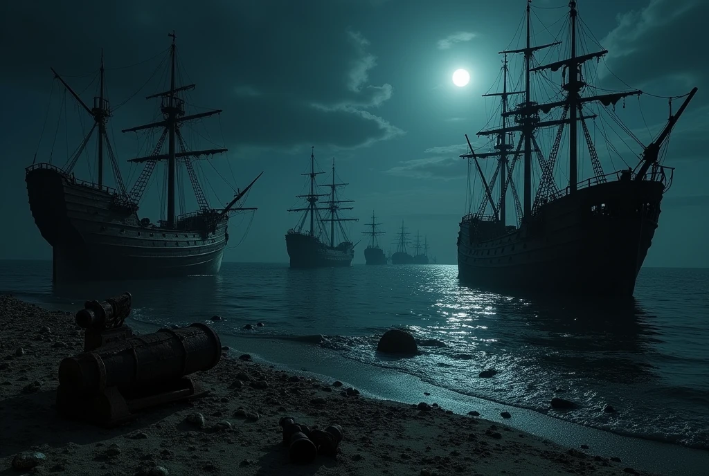 Draw a ship graveyard, with many pirate ships. With many sunken ships and cannons and skeletons
The whole thing should be kept very dark and gloomy.
The whole thing at night and from above. The picture can be almost completely black , so that the ships can only be guessed 