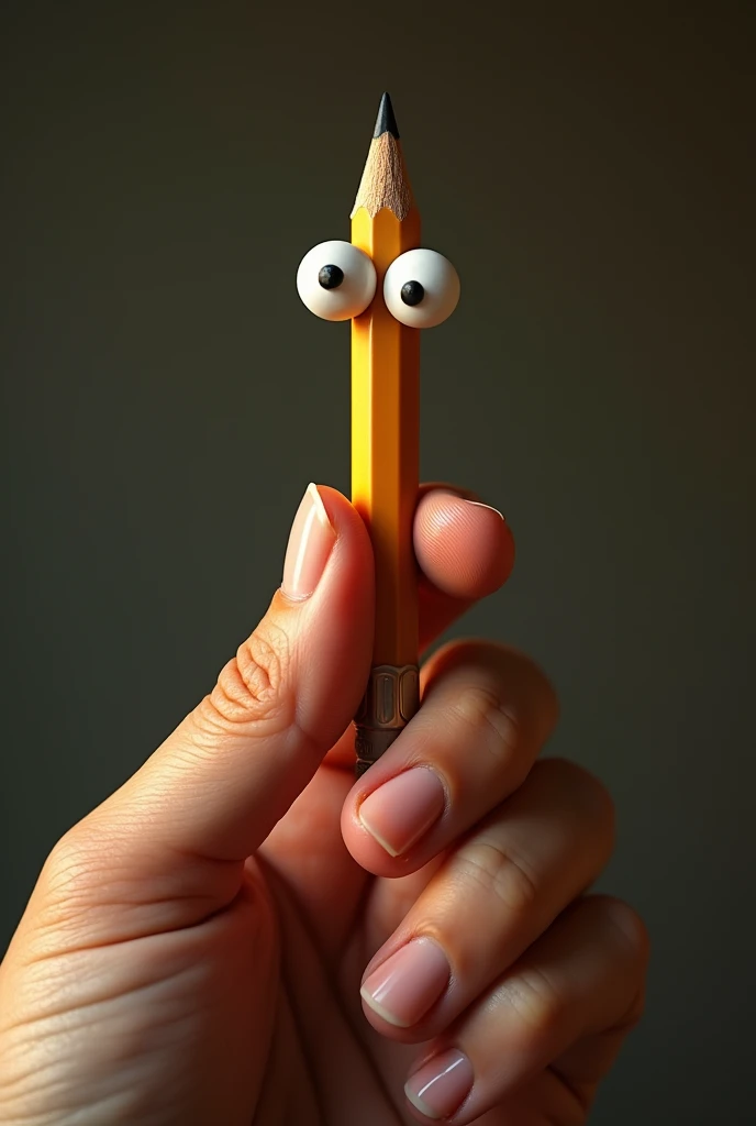 pencil with googly eyes,hand holding pencil with eraser,detailed pencil drawing,hyperrealistic,highly detailed,photorealistic,intricate,masterpiece,digital art,studio lighting,sharp focus,realistic shadows,dynamic composition,warm color palette