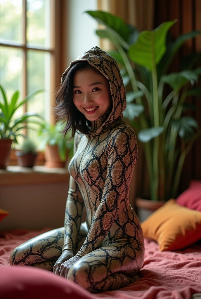 The beautiful chinese contortion adult girl contortionist with beautiful cheeks wears snake print(Boiga nigriceps)full lycra dancewear turtleneck unitard catsuit with zentai gloves and snake print lycra elastane dancewear hood.She is happy at home to practice contortion performance.