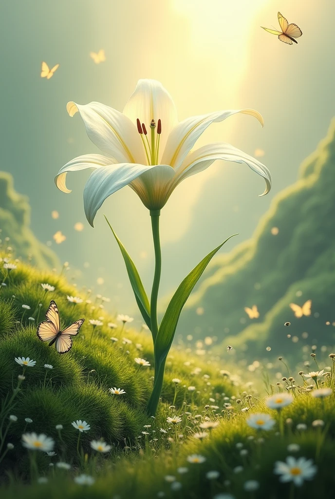 Fantasy landscape where a white lily flower predominates in the middle of the image.
Warm and soft lights.