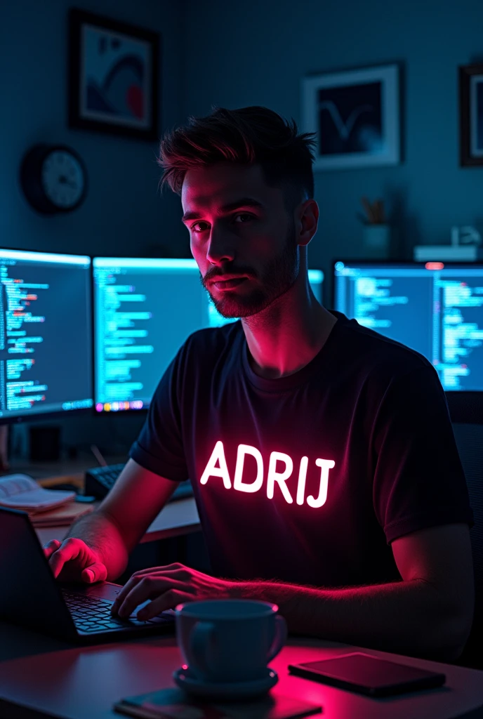 @MSI LEGENDS:A portrait of ADRIJ passionate coder, wearing a t-shirt or shirt with his name written on it in glowing letters. The background is a dark room