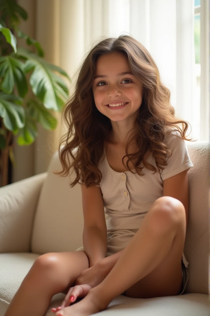 A brunette girl with curly hair and big breasts sits with her legs stretched out, taking a realistic photo