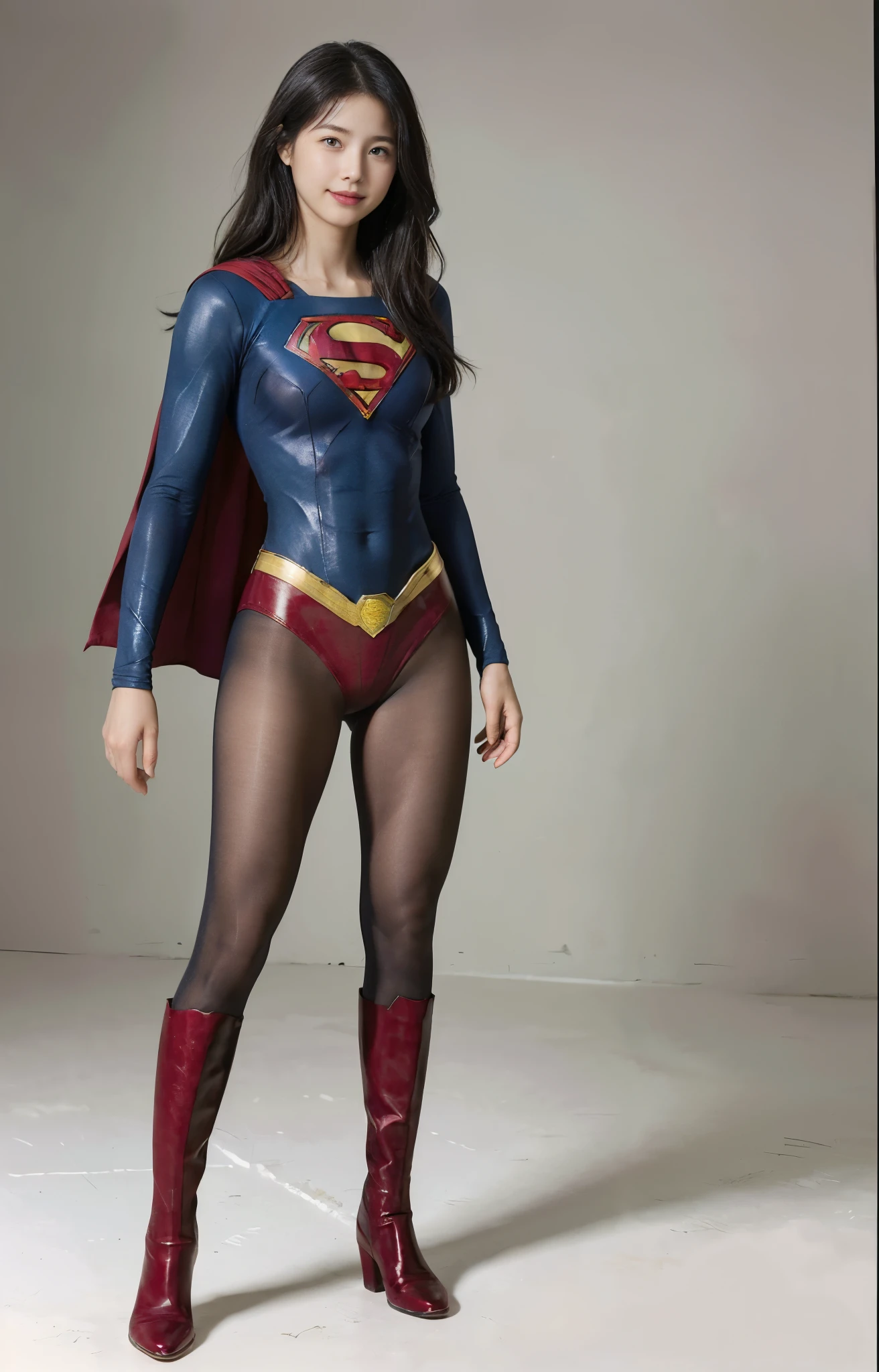 No background、(((Beautiful legs in black tights.)))、(((Legally express the beauty of your smile)))、((((Make the most of your original images)))、(((Supergirl Costume)))、(((Beautiful Hair)))、(((suffering)))、(((Please wear black tights....、Wear red boots)))、((Best image quality、8k))、((Highest quality、8k、masterpiece:1.3))、(((Preserve background )))、Sharp focus:1.2、Beautiful woman with perfect figure:1.4、Slim Abs:1.2、Wet body:1.5、Highly detailed face and skin texture、8k