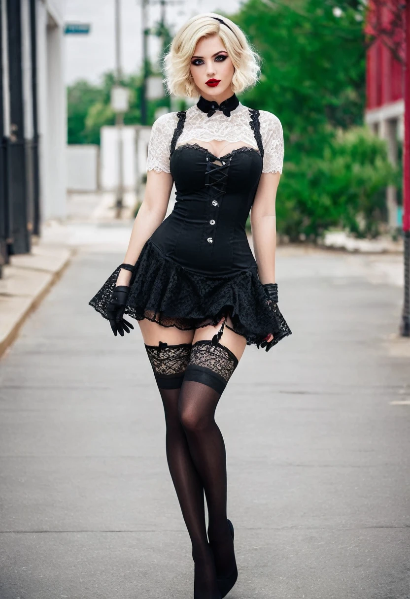 Mysterious blond woman, beautiful face, tattoos, green eyes, wearing a white and black 2B nier automata style fluffy lace short dress, very expressive bright makeup, black eyeliner, red lipstick, pin-up attire, long legs, black stockings, standing in the middle of a sidewalk.