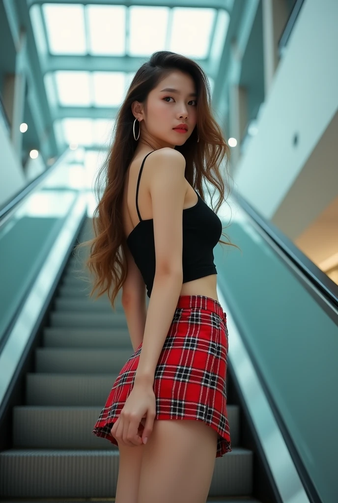 8K, masterpiece, ultra sharp focus, intricate detailed, highly detailed, best quality, A beautiful korean girl, 20 years old, kpop style, light brown long wavy hair, sexy slim muscular body, long legs, wide thigh gap, sexy butt, standing back view on escalator that going up. She's wearing black crop top tanktop and ((red tartan miniskirt)), ((twisting skirt, lifting your own skirt:1.3)), the skirt is just below of her butt, clearly see white slim and thight panties, beautiful butt, looking over shoulder to the viewer, (from below:1.4)