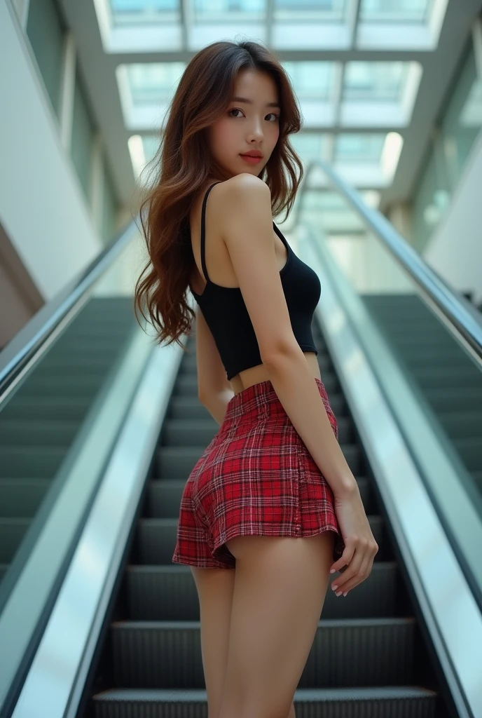 A beautiful korean girl, 20 years old, kpop style, light brown long wavy hair, sexy slim muscular body, long legs, wide thigh gap, sexy butt, standing back view on escalator that going up. She's wearing white shortsleeve collar shirt and ((red tartan miniskirt)), ((twisting skirt, lifting your own skirt:1.3)), ((the skirt is just below of her butt)), clearly see white slim and thight panties, beautiful butt, looking over shoulder to the viewer, (from below:1.4), ((small breasts)), (detailed sexy butt)