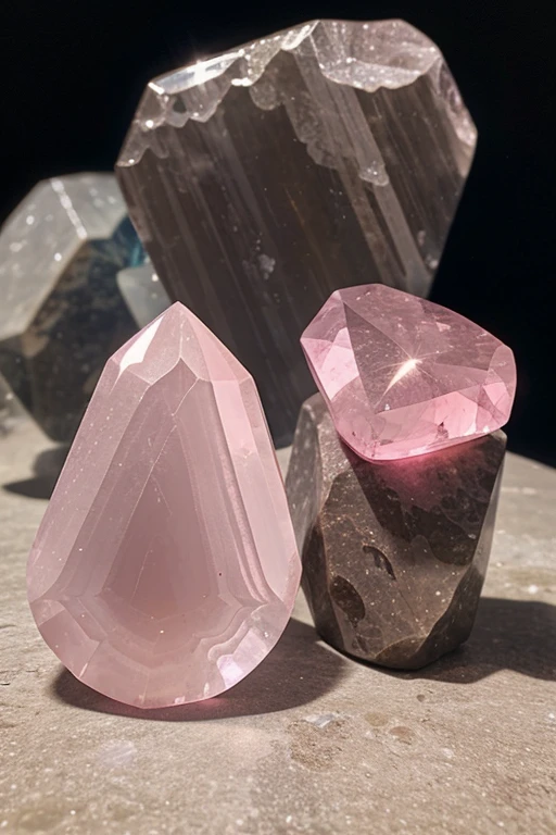 Generate me a profile picture for my Facebook page on well-being and crystals that highlights the benefits and virtues of natural stones, as well as well-being through stones. The photo should include rose quartz on a background of small crystals.
