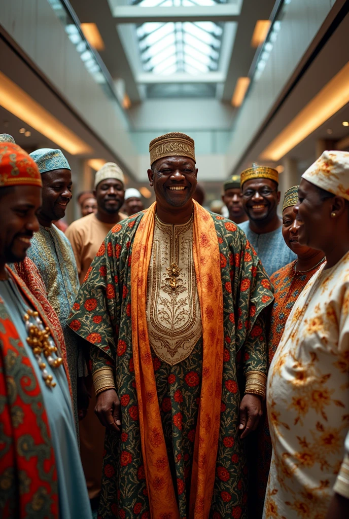 A ruthless, big bellied Nigerian political king maker looking like Bola Ahmed Tinubu wearing agbada and Yoruba Fula looking mean with a grin on his face with other big bellied politicians wearing agbada , and Igbo and Hausa traditional attire and Yoruba and Hausa caps laughing I sheepishly bowing to him on his left and right hand side in a big modern city hall