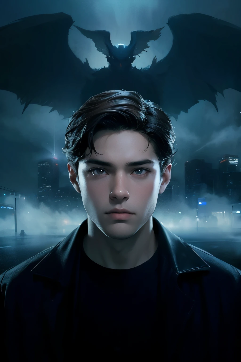A beautiful man. Eighteen years old. Dark brown hair. He is looking at the camera with a serious expression. He is standing in a city at night, surrounded by a thick fog. A huge monster with wings can be seen in the sky.