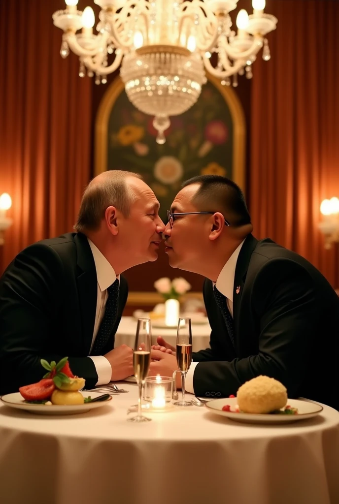 Vladimir Putin and King Jon Un kissing in a romantic restaurant