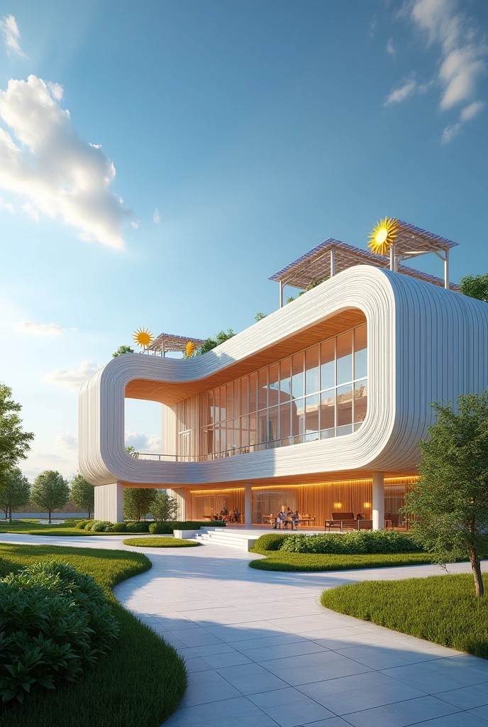 Create a elevation form image for a g+3 energy museum for which the inspiration is taken from sun and it's radiation waves 
