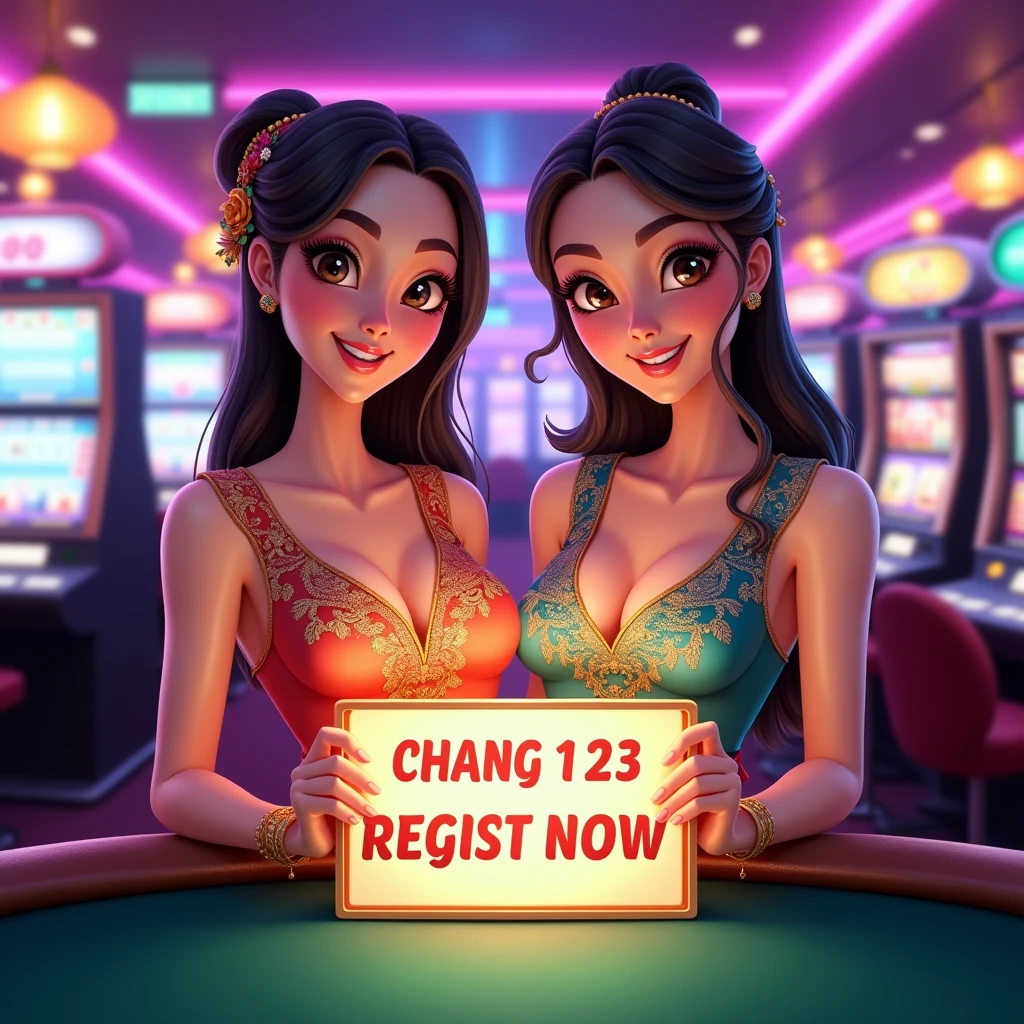 two different woman, a beautiful Real Cartoon two thailand woman holding up a sign "สมัครตอนนี้ CHANG123 REGIST NOW", joyful, happy, photorealistic, casino background, wearing thailand traditional dress, medium breast cleavage, standing behind the poker table, between Big Slot Machines, Colourfull, Neon Light, realistic cartoon, RealCartoon, Realism, high quality, smooth, brightness, close up, 