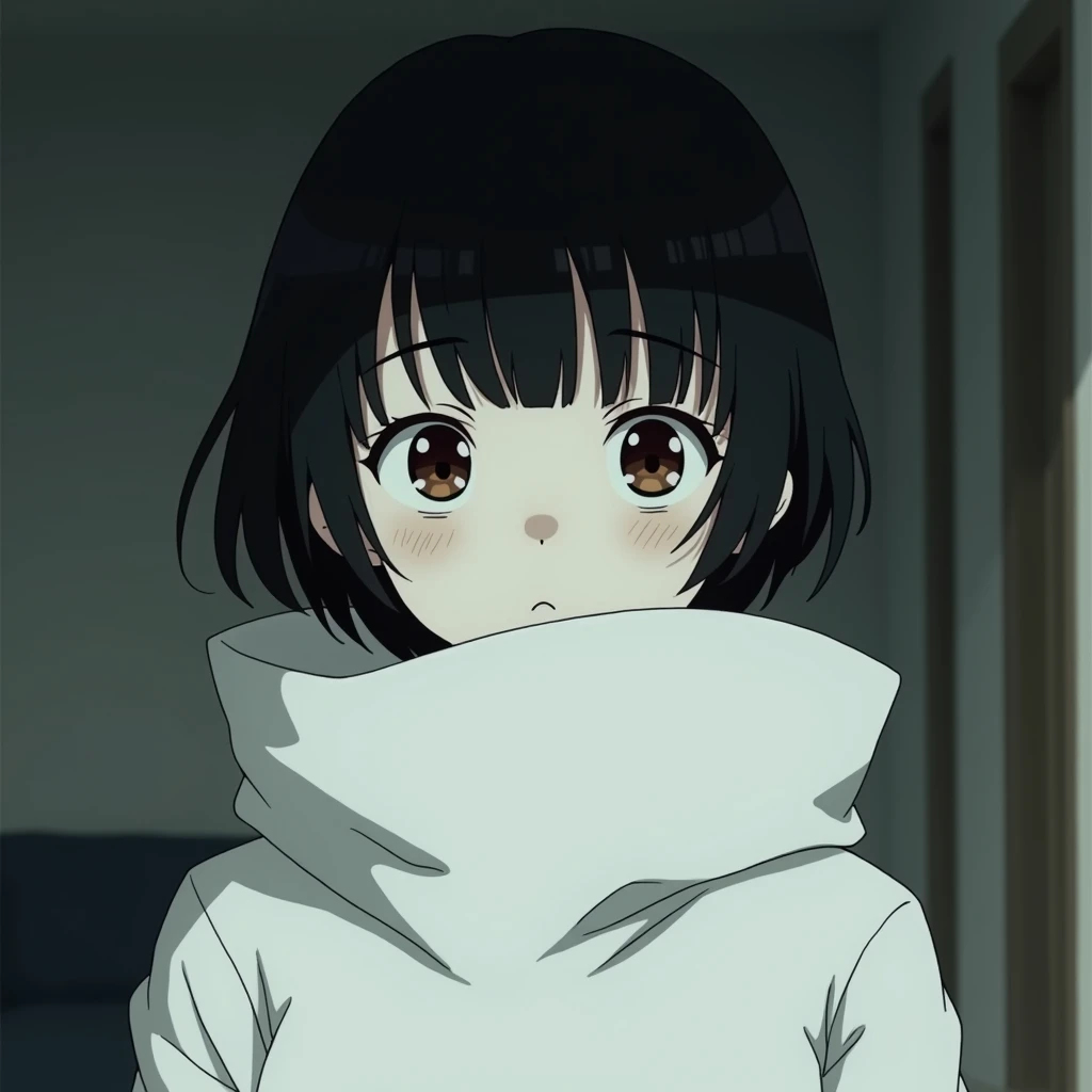 Anime style hair, buzz cut. 
Black hair. Her skin is pale like a ghost, with faint dark circles under her eyes. 
Facing forward, looking at the viewer. Wearing a white shroud. 
The background is like a room in an apartment.
