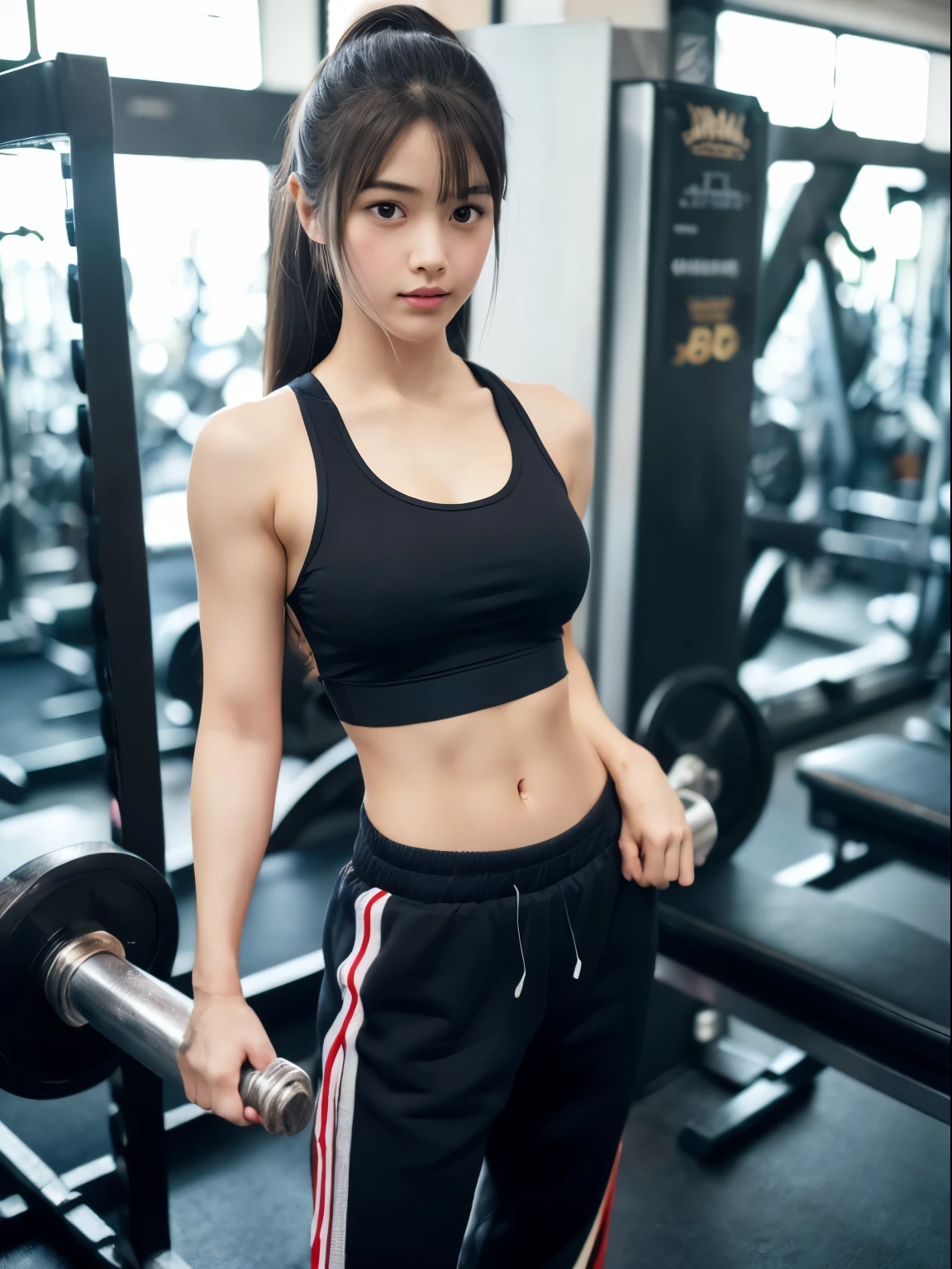 (8k, Top quality, Masterpiece:1.2), (Realistic, photo-realistic:1.37), Super detailed, perfect anatomy, cute, small eyes, 18 years old, a Japanese, girl, sweatpants, at gym, full body,