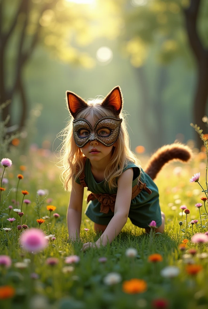 (Photorealism), woman ,16 years ,in a cat mask and with a cat tail,crawls on all fours (On knees) in a beautiful place in nature ,Beautifully dressed  ,side shot , women 16 years 