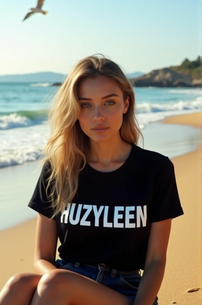 Woman sitting on the beach with black shirt 
And also the name written on the shirt is "HUZYLEEN"is the name bold with the white writing
