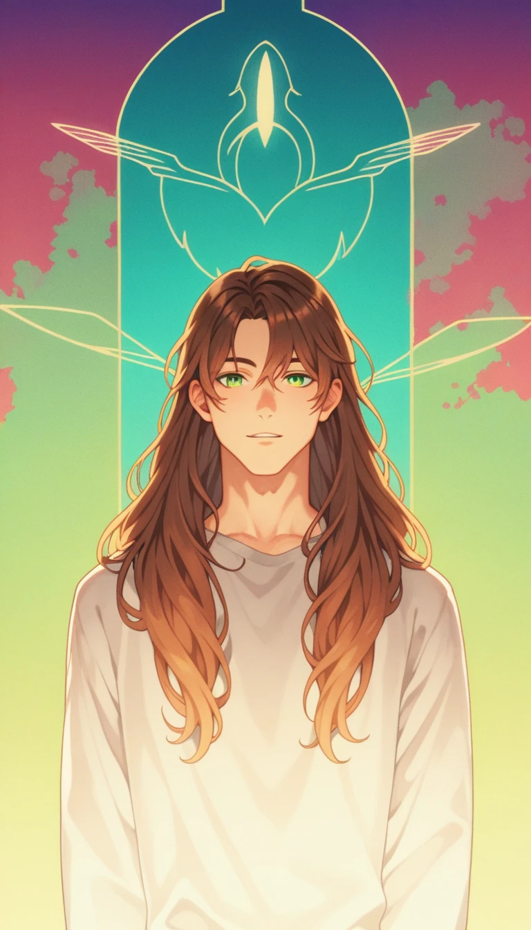Anime Style, FF14 Aura, male, Ajin, gossiper, Reddish brown hair, Green Eyes, Sharp Eyes, Long Hair, Calm. wise, Neon purple graffiti background, Utopian City, Surrealism, Expressionism, Anime Style, Cast a Shadow, Film Grain, Vignetting, silhouette, 1080P, Anatomically correct