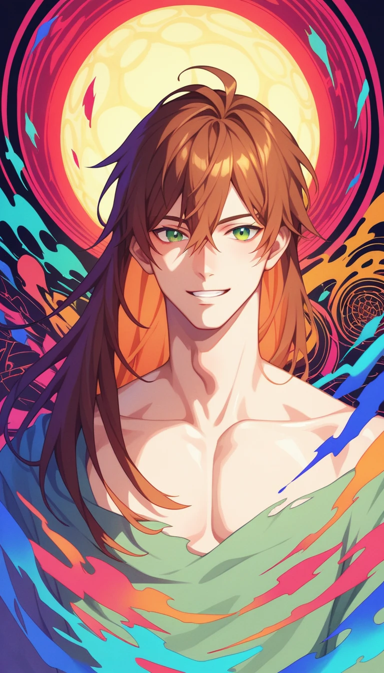 Anime Style, FF14 Aura, male, Ajin, gossiper, Reddish brown hair, Green Eyes, Sharp Eyes, Long Hair, Calm. wise, Neon purple graffiti background, Utopian City, Surrealism, Expressionism, Anime Style, Cast a Shadow, Film Grain, Vignetting, silhouette, 1080P, Anatomically correct