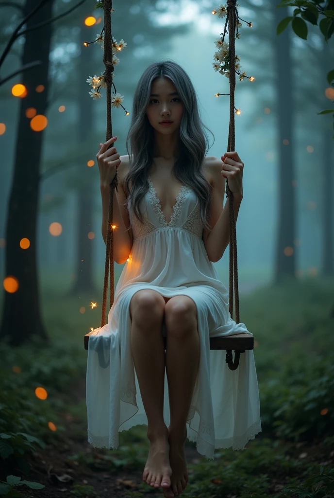 (wide shot, whole body shot), A beautiful korean girl, 20 years old, kpop style, ash grey long wavy hair, sexy slim muscular body, long legs, wide thigh gap, sexy butt, sitting front view on wooden swing inside a quiet mystical illuminated fantasy forest, Lots of fireflies flying around above the forest, backlighting, holding swing's ropes. Bare feet, She's wearing white spaghetti strap silky low cut mini night dress, slightly lace dress, cleavage, ((twisting dress, lifting up high your own dress:1.4)), the dress is just below of her pussy, spreading legs, M-legs, ((open wide legs, spreading legs:1.4)), clearly see white slim and thight panties, open legs, looking to the viewer, (((from below, low angle shot:1.4))), beautiful lighting, cinematic, (whole body), (soft front bright light, bright skin:1.3)