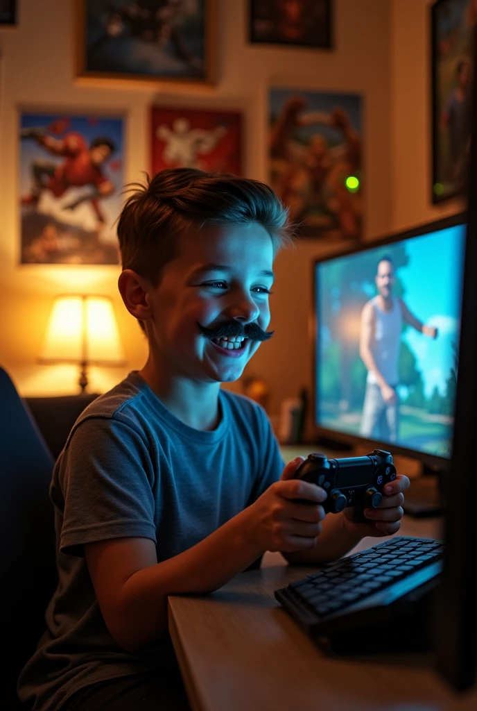 A boy who is slowly growing a moustache, he has a hairstyle similar to Adolf Hitler,take a picture with him and a ps4