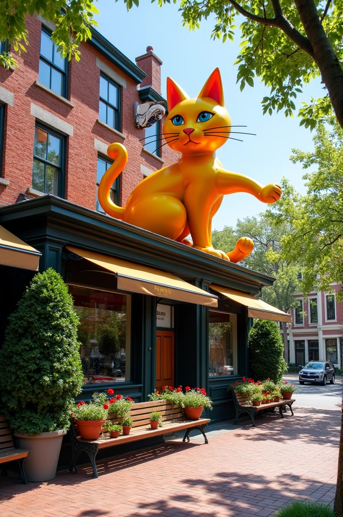 A building with a cat-shaped sign