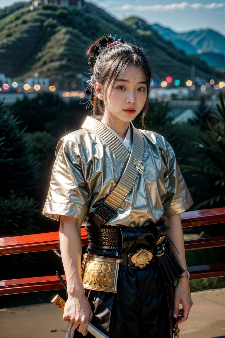 (masterpiece, best quality), A samurai holding a katana sword, light magic, divine, silver and gold, 4k, dark cityscape, Fujifilm
