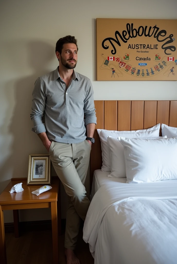 Homme caucasien grand de taille, charmant, un peu costaud, habillé en pantalon et tee-shirt manche longue, assis ou adossé sur une table dans une grande chambre d'hôtel, sur la table qu'il y ait également un papier mouchoir déjà utilisé sur la table et sur le lit de l'hôtel qu'il soit déposer un grand cadre photo ou un cadre photo légèrement grand qu'il est possible de faire arrêter sur le lit et faire face à la caméra et sur le mur du chevet du lit un tableau sur lequel il est écrit en français : Melbourne AUSTRALIE et autour de la phrase qu'il y ait les emblèmes du CANADA QUÉBEC ou le drapeau du CANADA QUÉBEC