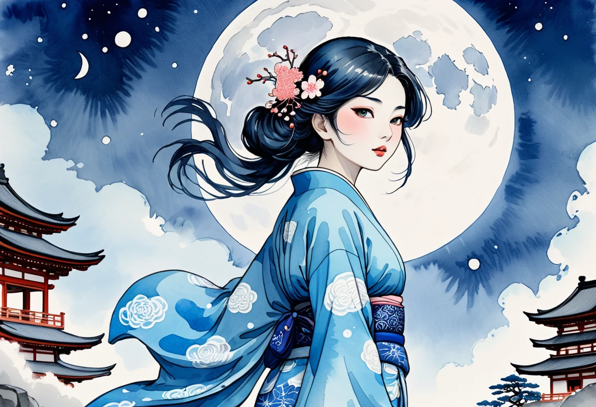 Taisho Romance shrine A big blue moon and a beautiful, free and ambitious Japanese woman in a kimono Aquarius Blue Moon Big Moon Watercolor art Detailed ink illustration spiritual