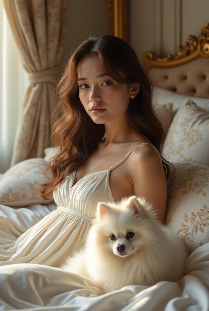 A beautiful young woman with fair skin in a luxurious bedroom,brown long hair,D cup chest,
White Pomeranian lying on the bed together,White silk bedding