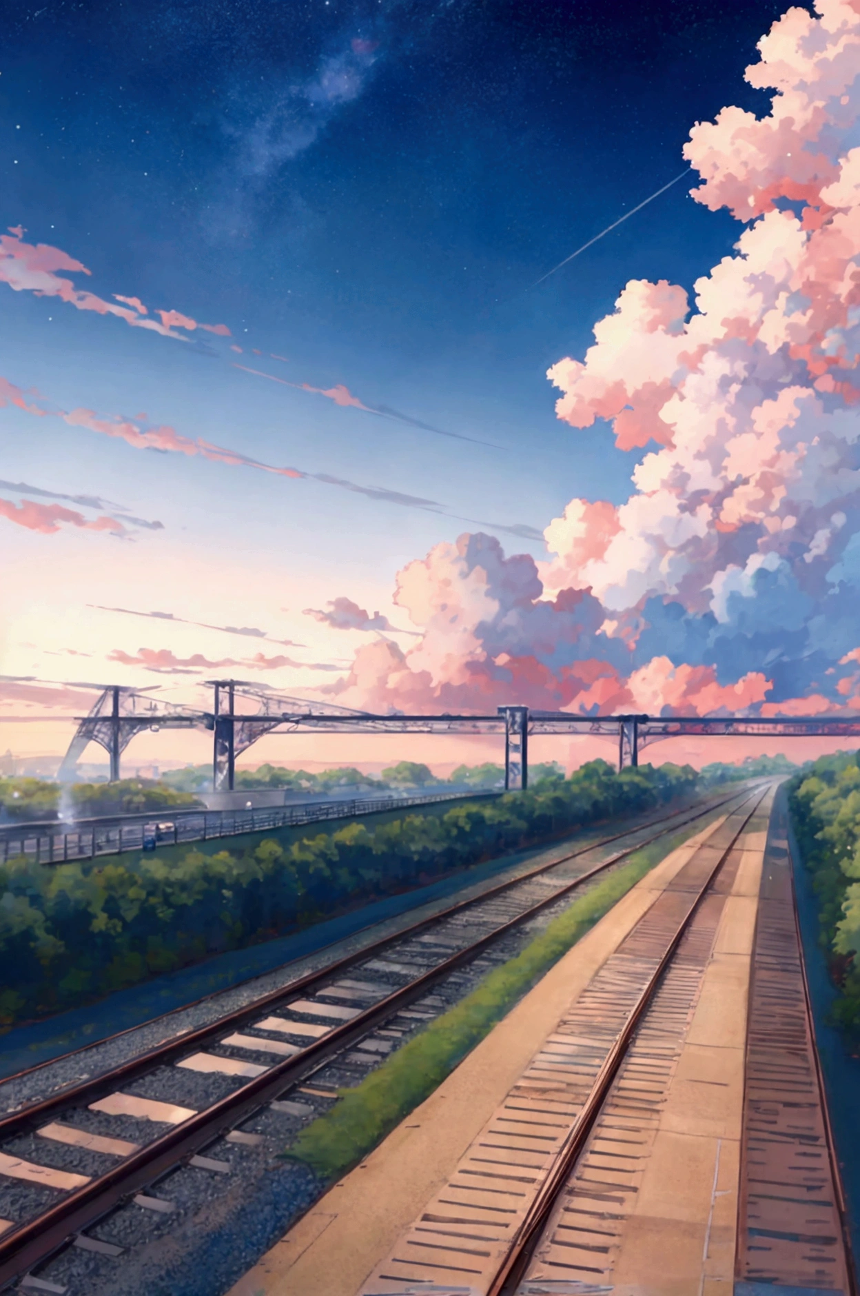Anime train crossing track in sky background, beautiful and harmonious scene, exquisite animation, rich details (width is 672), high quality, clarity 4k, artistic 4k wallpaper, stunning anime landscape, 8k art wallpaper.