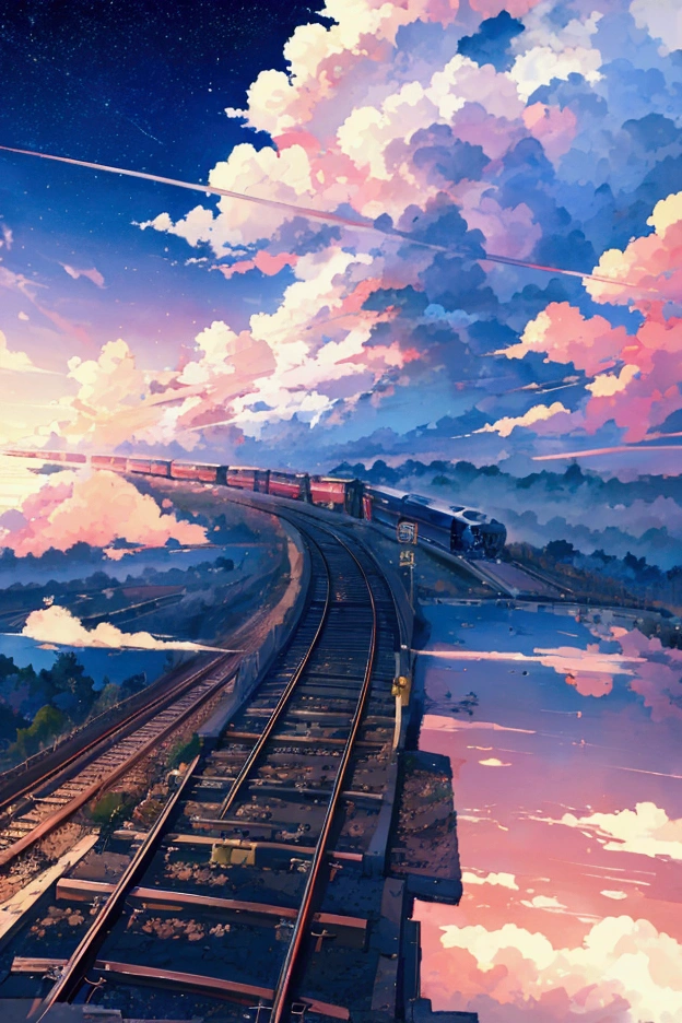 Anime train crossing track in sky background, beautiful and harmonious scene, exquisite animation, rich details (width is 672), high quality, clarity 4k, artistic 4k wallpaper, stunning anime landscape, 8k art wallpaper.
