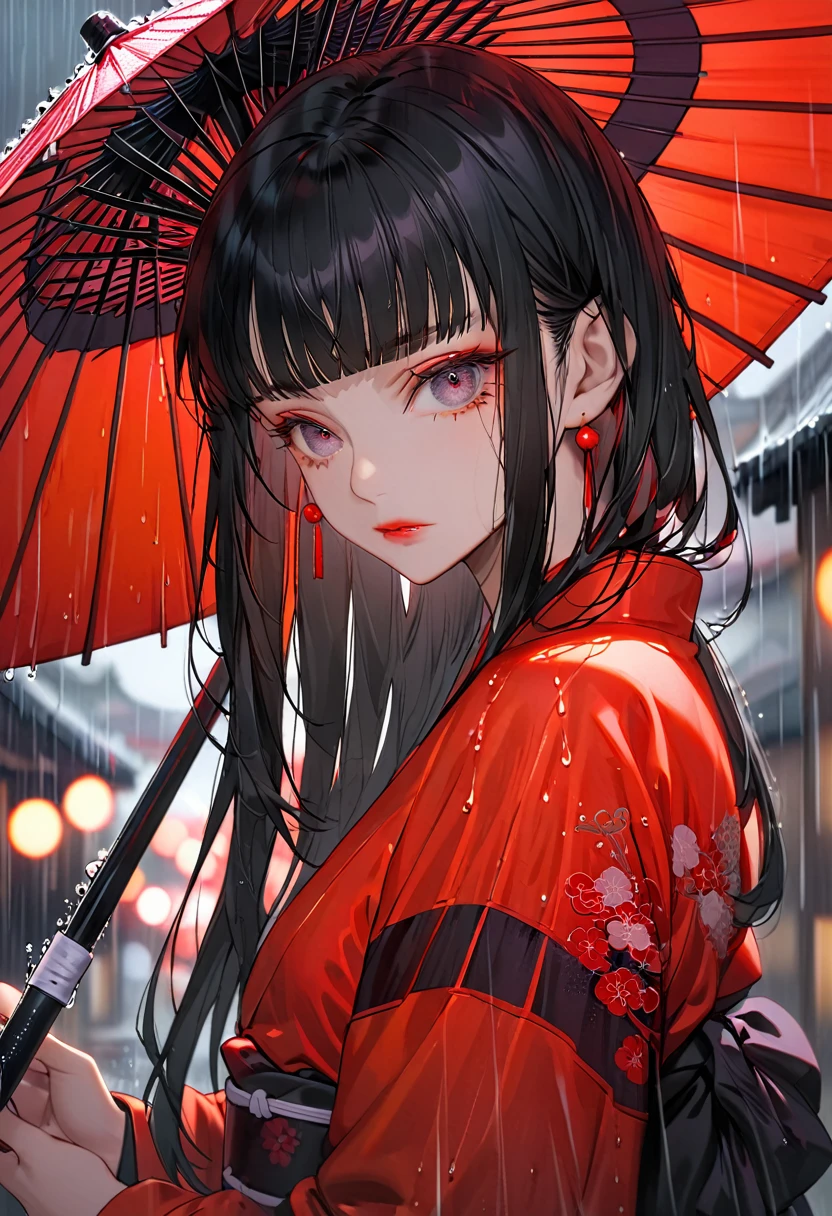 The background is Kyoto on a rainy day,(Highest quality,Very detailed,High resolution:1.2),beautiful girl,Black long hair,Black hair bangs,very_Long eyelashes, Detailed lips, Cool look, Soft Skin, Shiny Hair,Exquisite makeup,A sad and poignant piece,holding a red Japanese umbrella.