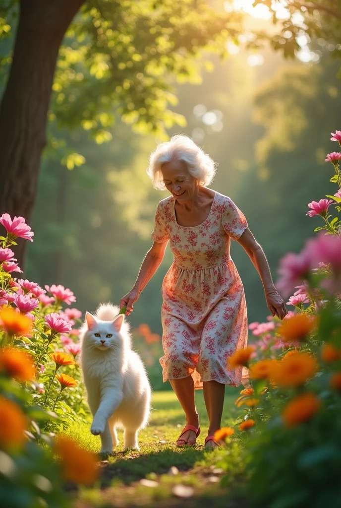 Scene 7: Together Again
Setting: A bright, warm garden, filled with blooming flowers.
Visual: Margaret and Snowball are reunited, playing together in the garden, bathed in golden sunlight. Both are young and full of life, as if nothing had ever separated them.
Mood: Bittersweet, with a sense of eternal peace and reunion.
Each scene captures a pivotal moment in the story, conveying the deep emotional journey of Snowball and Margaret.
Make sure margaret should be an old lady and snowball should be a cute fluffy white cat