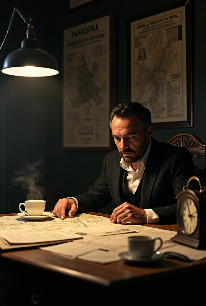 The professor from La Casa de Papel sits at a table with plans to rob the Bank of Spain