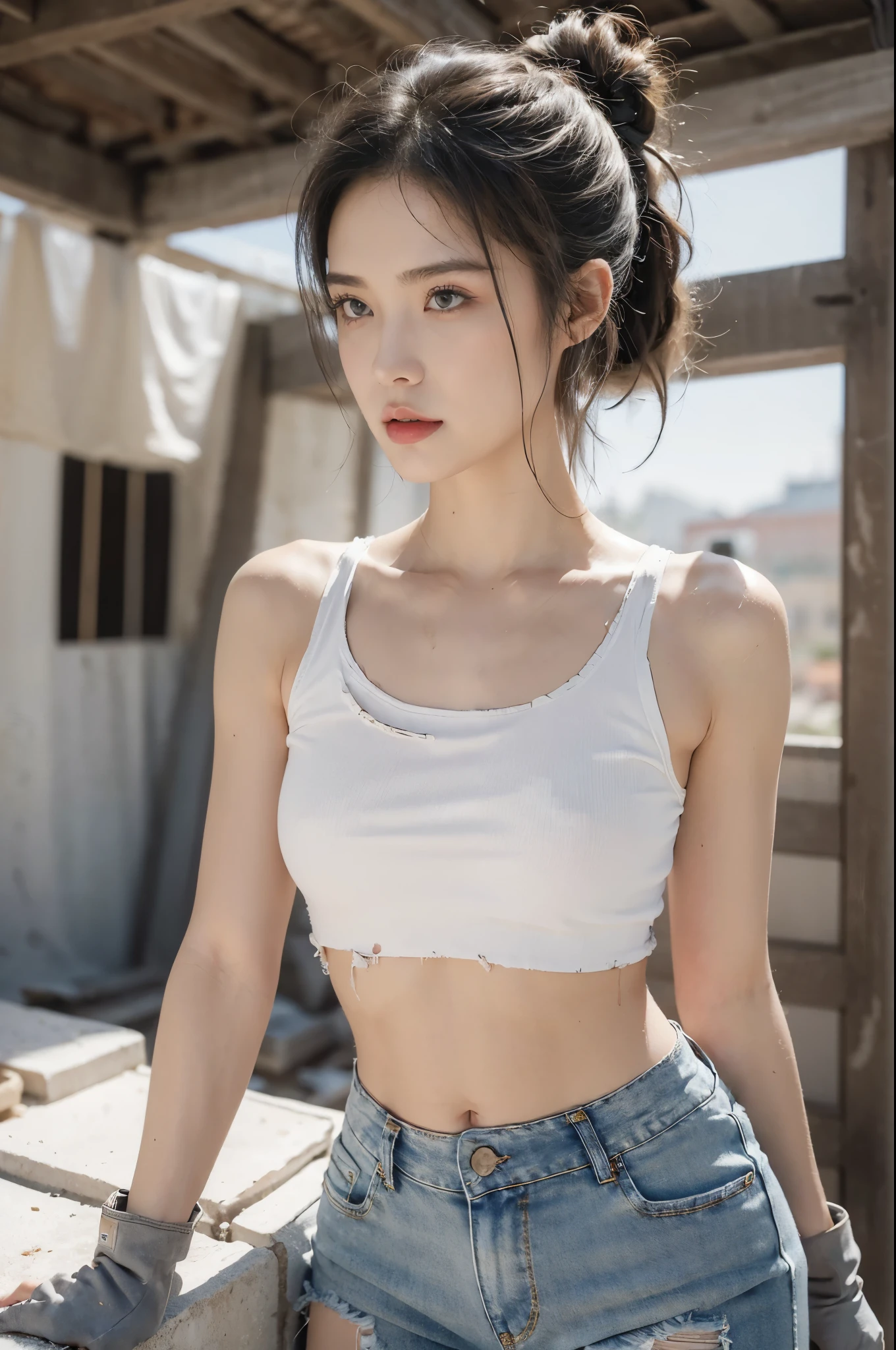 (((best quality))), (((ultra detailed))), (((masterpiece))), illustration,((a beautiful girl,solo)),(short ponytail:1.2),(flushed cheeks:1.3),((sweat,wet)),((slim,thin)),((small breasts,flat chest)), (dirty torn white tank top:1.3),(navel:1.2),(tattered jeans:1.3),(slender legs:1.2),(standing:1.2),(High altitude construction site:1.3),(bricks:1.3), (strong arms:1.2),(sturdy gloves:1.3), scorching sun, vibrant city,((cement, dust)), determined hustle, quiet, determined girl, indomitable spirit, human resilience, perseverance, unwavering resolve, back-breaking work, awe, respect, narrative, sacrifice, hard work, unseen heroes, city buildings,((from front,upper body))