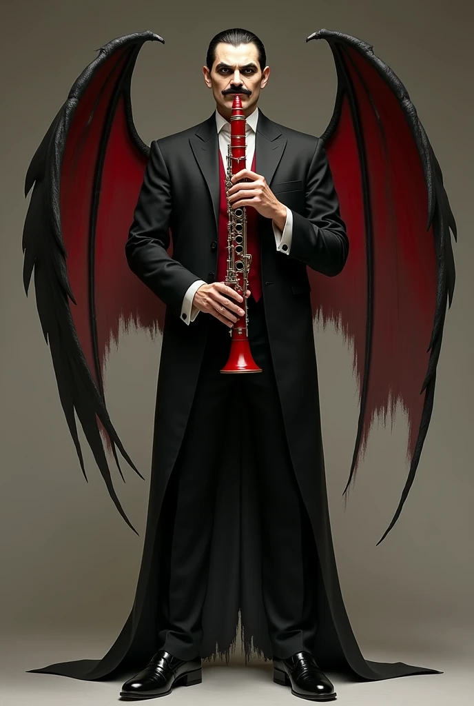 Personnage avec une clarinette rouge palpe maléfique avec du noir un costume de musicien qui est noir rouge est blanc des chaussures noir des manches noir une moustache en forme de v des ailes de vampire des yeux de vampires noir esr blanc un visage beige des dent de vampire