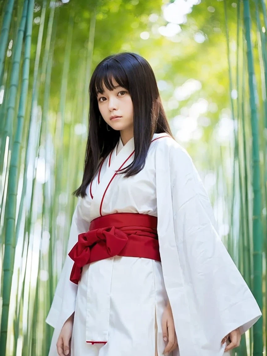 Standing in the bamboo forest, Moonlight shines in, A woman of silence and mystique, alone, bangs, (Shrine maiden), (White kimono), (Red Hakama Skirt),