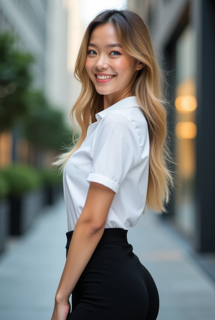 Half Thai and Japanese girl 18 year old , Nisit outfit , white short sleeve slim fit shirt , big silver buttons , ฺฺBlack Stretch Spandex Bodycon Mini Pencil Skirt Slim Tube Tight Hip Mini Skirt , hyper realistic , Long blonde hair blue eye , focus on face , medium shot , นางแบบยืนหันหลัง เอามือทั้งสองข้างไขว้หลัง หันหน้ากลับมายิ้มให้กล้อง , มุมกล้องถ่ายจากด้านล่าง, (no silver buttons on skirt)