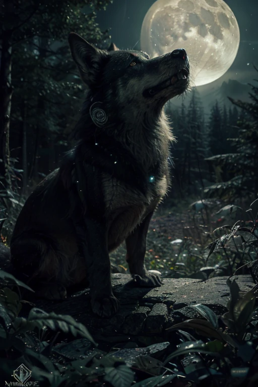 art by  aaron horkey, , , ultra highly detailed, 32k, sharp focus, luminism, detailed oil painting, moon, detailed sky, dark wolf with big highly detailed, by Anato Finnstark . detailed landscape, northern tales aesthetic, dynamic movement, big reflective eyes, forest,glowing, swirling leaves, emerald fog, mystical, complex background, dynamic lighting, lights, intricated pose, highly detailed filigree, intricated, baroque, Hudson river school, Thomas Cole, masterpiece