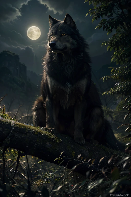 art by aaron horkey, , , ultra highly detailed, 32k, sharp focus, luminism, detailed oil painting, moon, detailed sky, dark wolf with big highly detailed, by Anato Finnstark . detailed landscape, northern tales aesthetic, dynamic movement, big reflective eyes, forest,glowing, swirling leaves, emerald fog, mystical, complex background, dynamic lighting, lights, intricated pose, highly detailed filigree, intricated, baroque, Hudson river school, Thomas Cole, masterpiece