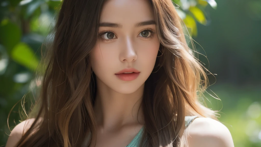 a beautiful young woman with hippie-style hair and dress, detailed eyes and lips, cinematic 8K resolution, photorealistic, shine body,