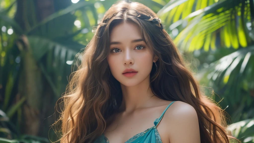 a beautiful young woman with hippie-style hair and dress, detailed eyes and lips, cinematic 8K resolution, photorealistic, shine body,