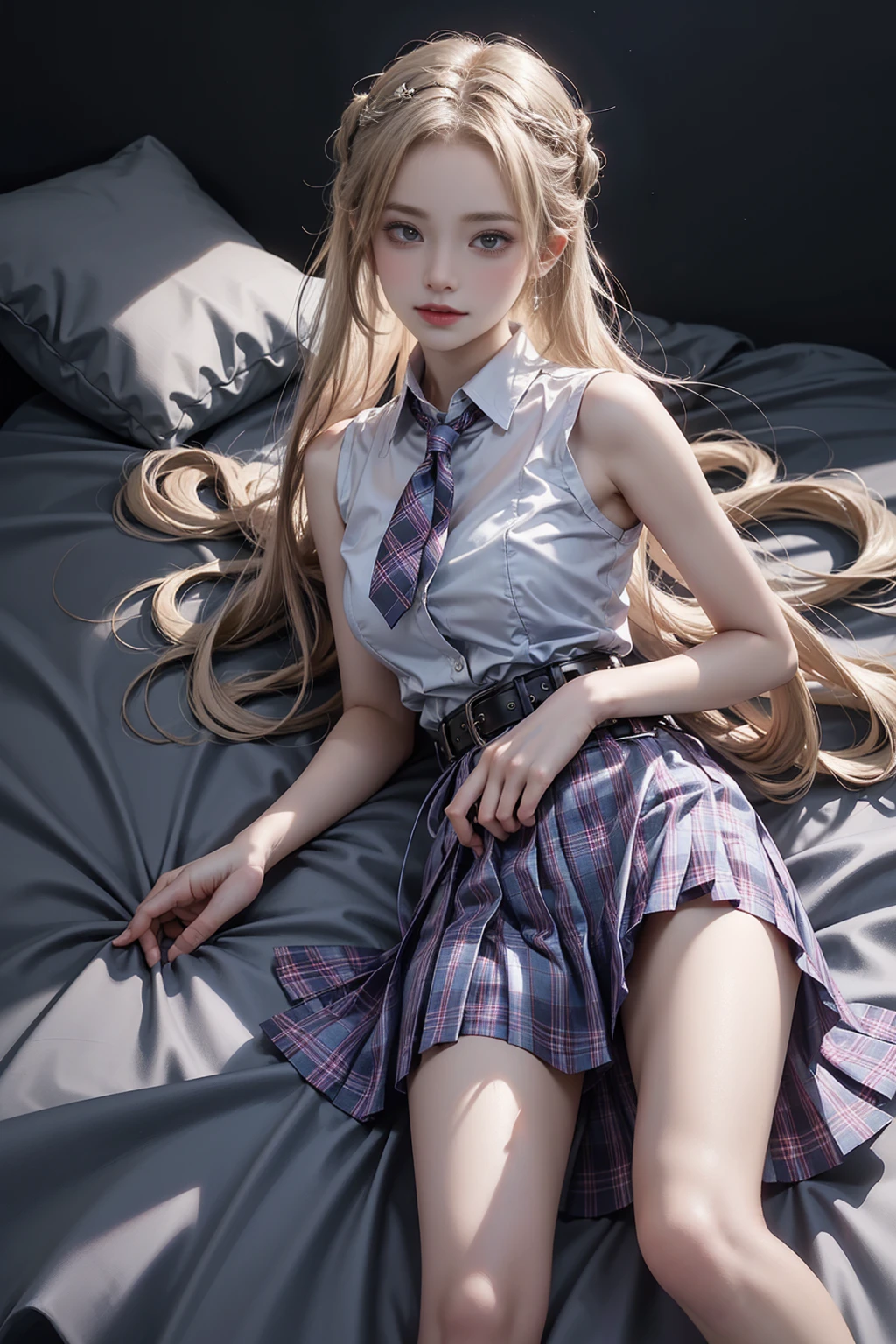 skirt,plaid necktie,belt,plaid skirt,black shirt,bowtie,（(Girl lying in bed))、A beautiful and moving woman, in an elegant pose, her full breasts on display.，Visible cleavage，Sexy long legs，Variety of slim and cute beauties, Her long hair cascades down her shoulders like a waterfall。She smiles radiantly，Eyes sparkle，Her skin is flawless。Her curves are highlighted。Sparkle in the light，The colors are soft，Perhaps in shades of light pink or lavender。She lay confidently，One hand on hip，Her posture is both graceful and strong。She wears elegant high heels，Goes well with her outfit。In the warm golden sun。The overall atmosphere of the image is tranquil and uplifting，Emphasizing natural beauty and elegance, Studio Lighting,Bright colors, Sweet maiden, sweet smile, make up，shy，Blush，Parted lips，Heavy breathing，moan，Surrealism，Realism，Movie Lighting，Relief，Sony FE GM，Retina，masterpiece，precise，Anatomically correct，Textured Skin，Super Detail，High Detail，best quality，rich and colorful