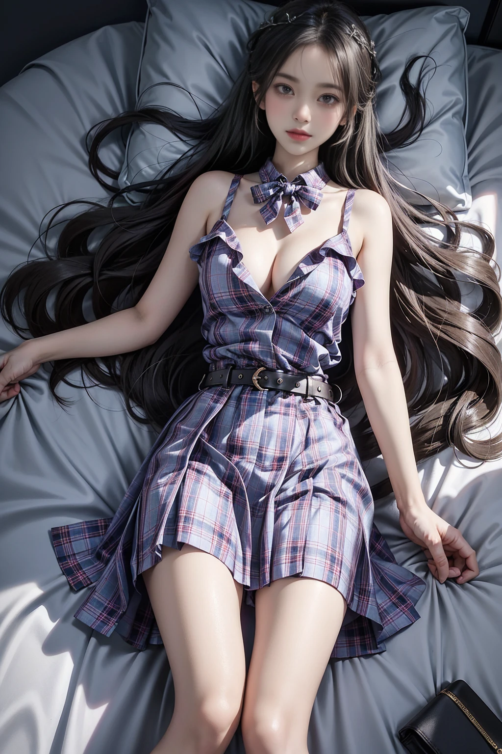 skirt,plaid necktie,belt,plaid skirt,black shirt,bowtie,((Girl lying in bed))、A beautiful and moving woman, in an elegant pose, her full breasts on display.,Visible cleavage,Sexy long legs,Variety of slim and cute beauties, Her long hair cascades down her shoulders like a waterfall。She smiles radiantly,Eyes sparkle,Her skin is flawless。Her curves are highlighted。Sparkle in the light,The colors are soft,Perhaps in shades of light pink or lavender。She lay confidently,One hand on hip,Her posture is both graceful and strong。She wears elegant high heels,Goes well with her outfit。In the warm golden sun。The overall atmosphere of the image is tranquil and uplifting,Emphasizing natural beauty and elegance, Studio Lighting,Bright colors, Sweet maiden, sweet smile, make up,shy,Blush,Parted lips,Heavy breathing,moan,Surrealism,Realism,Movie Lighting,Relief,Sony FE GM,Retina,masterpiece,precise,Anatomically correct,Textured Skin,Super Detail,High Detail,best quality,rich and colorful