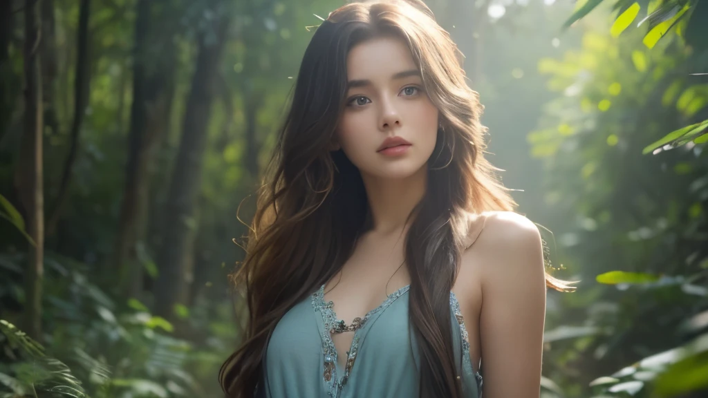 a beautiful young woman with hippie-style hair and dress, detailed eyes and lips, cinematic 8K resolution, photorealistic, shine body,